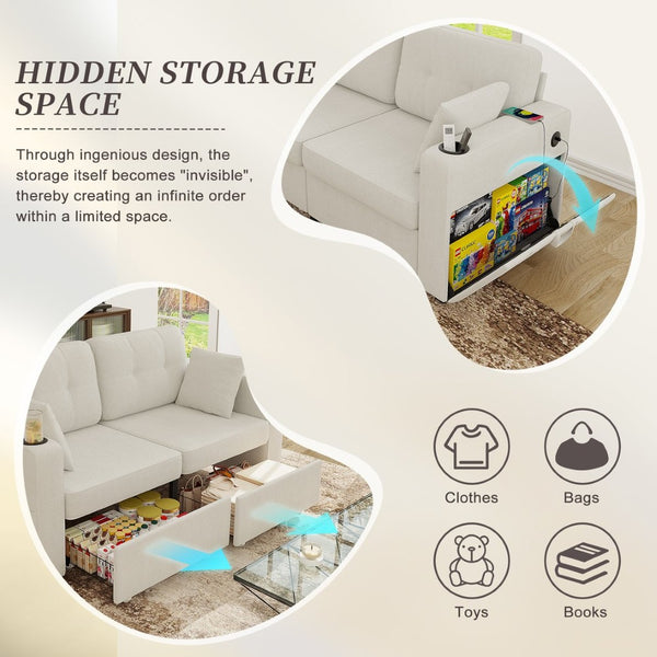 English Elm Sofas for Living Room Chenille Three Seat Couch with Usb Charging Storage and Cup Holder Beige W395S00142