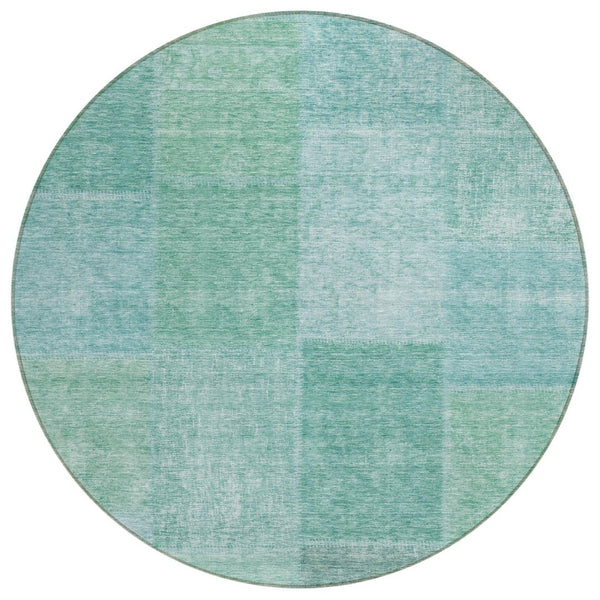 HomeRoots 5' Vibrant Teal Blue Sage Green Patchwork Rug – Durable, Washable Design for Indoor & Outdoor Use 8' Round 580696