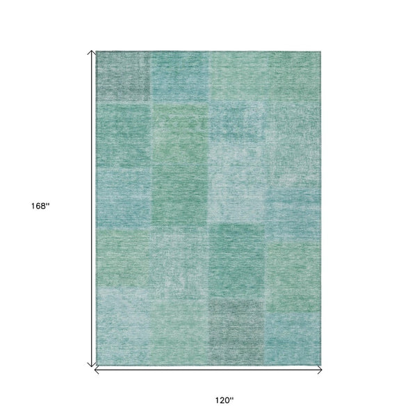 HomeRoots 5' Vibrant Teal Blue Sage Green Patchwork Rug – Durable, Washable Design for Indoor & Outdoor Use 10' X 14' 580699