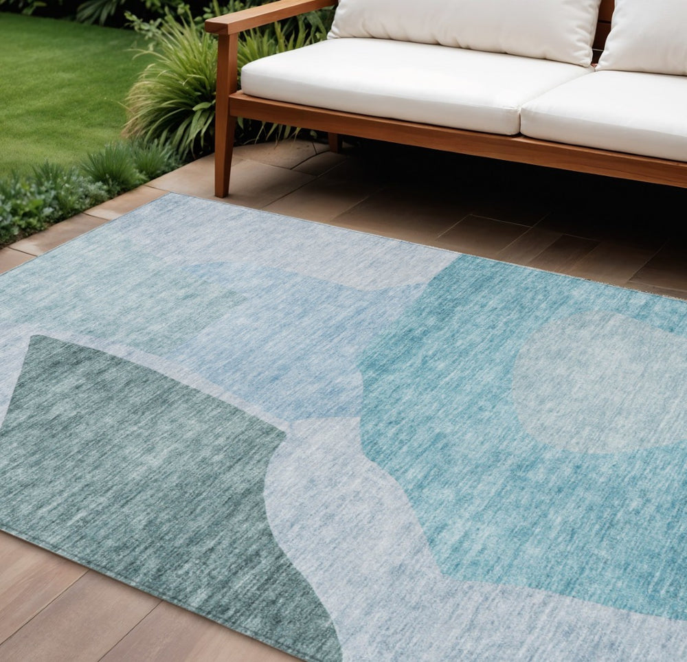 HomeRoots 9' Teal Blue and Artichoke Green Abstract Washable Area Rug for Indoor and Outdoor Spaces 9' X 12' 580752