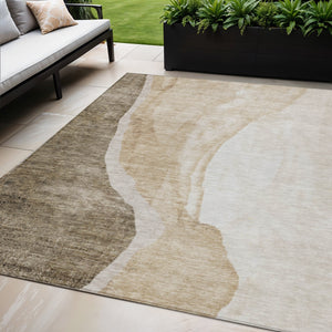 Homeroots 3' Brown And Taupe Abstract Washable Indoor-outdoor Area Rug For Durable, Stylish Spaces 5' X 8' Polyester 580761