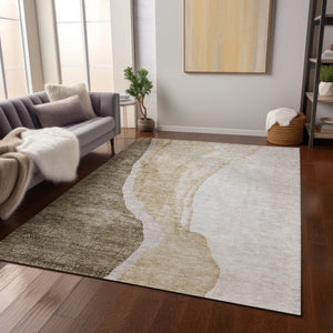 Homeroots 3' Brown And Taupe Abstract Washable Indoor-outdoor Area Rug For Durable, Stylish Spaces 5' X 8' Polyester 580761