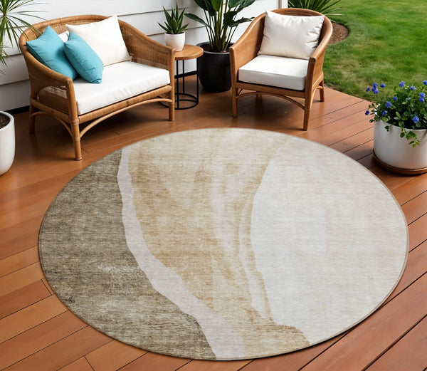 Homeroots 3' Brown And Taupe Abstract Washable Indoor-outdoor Area Rug For Durable, Stylish Spaces 8' Round Polyester 580762