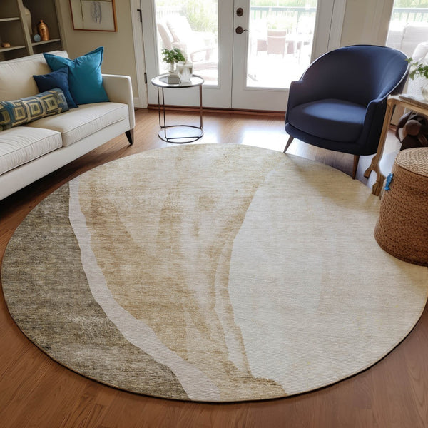Homeroots 3' Brown And Taupe Abstract Washable Indoor-outdoor Area Rug For Durable, Stylish Spaces 8' Round Polyester 580762