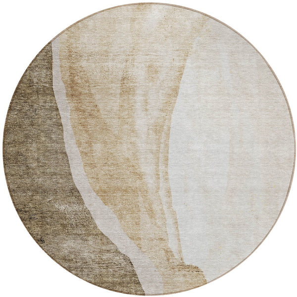 Homeroots 3' Brown And Taupe Abstract Washable Indoor-outdoor Area Rug For Durable, Stylish Spaces 8' Round Polyester 580762