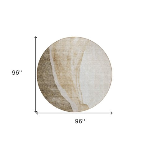 Homeroots 3' Brown And Taupe Abstract Washable Indoor-outdoor Area Rug For Durable, Stylish Spaces 8' Round Polyester 580762