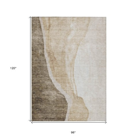 Homeroots 3' Brown And Taupe Abstract Washable Indoor-outdoor Area Rug For Durable, Stylish Spaces 8' X 10' Polyester 580763