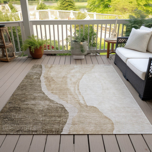 Homeroots 3' Brown And Taupe Abstract Washable Indoor-outdoor Area Rug For Durable, Stylish Spaces 10' X 14' Polyester 580765