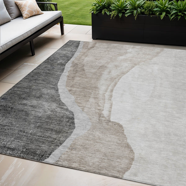 Homeroots 3' Brown And Taupe Abstract Washable Indoor-outdoor Area Rug For Durable, Stylish Spaces 5' X 8' Polyester 580773