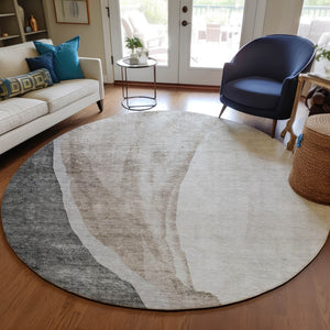 Homeroots 3' Brown And Taupe Abstract Washable Indoor-outdoor Area Rug For Durable, Stylish Spaces 8' Round Polyester 580774