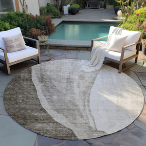 Homeroots 3' Brown And Taupe Abstract Washable Indoor-outdoor Area Rug For Durable, Stylish Spaces 8' Round Polyester 580798