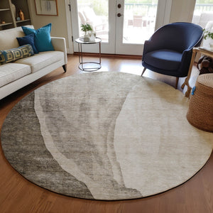 Homeroots 3' Brown And Taupe Abstract Washable Indoor-outdoor Area Rug For Durable, Stylish Spaces 8' Round Polyester 580798
