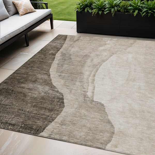 Homeroots 3' Brown And Taupe Abstract Washable Indoor-outdoor Area Rug For Durable, Stylish Spaces 8' X 10' Polyester 580799