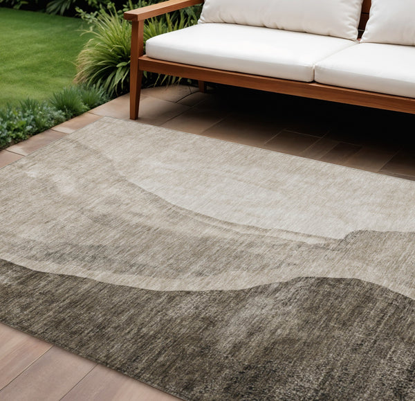 Homeroots 3' Brown And Taupe Abstract Washable Indoor-outdoor Area Rug For Durable, Stylish Spaces 9' X 12' Polyester 580800