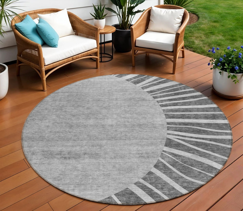 HomeRoots 5' Charcoal Gray and Silver Abstract Area Rug – Stylish, Washable, Indoor/Outdoor, Stain-Resistant Design 8' Round 580828