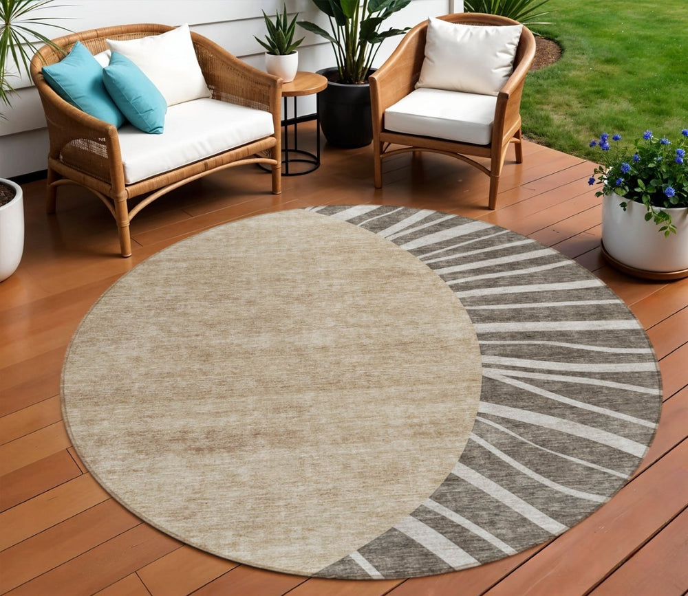 HomeRoots 5' Stylish Chocolate Beige and Taupe Abstract Area Rug – Durable, Washable for Indoor & Outdoor Use 8' Round 580834