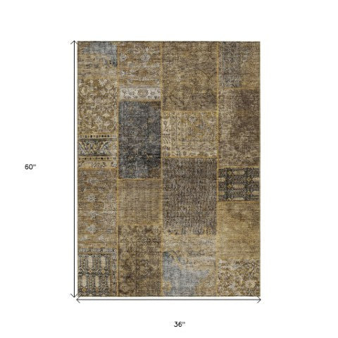 Homeroots 3' Stylish Brown Gray Charcoal Patchwork Washable Area Rug For Indoor And Outdoor Spaces 3' X 5' Polyester 580880