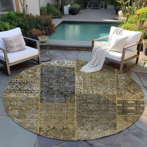 Homeroots 3' Stylish Brown Gray Charcoal Patchwork Washable Area Rug For Indoor And Outdoor Spaces 8' Round Polyester 580882