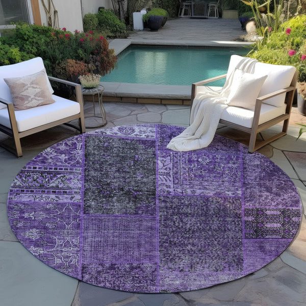 Homeroots 3' Stylish Brown Gray Charcoal Patchwork Washable Area Rug For Indoor And Outdoor Spaces 8' Round Polyester 580888