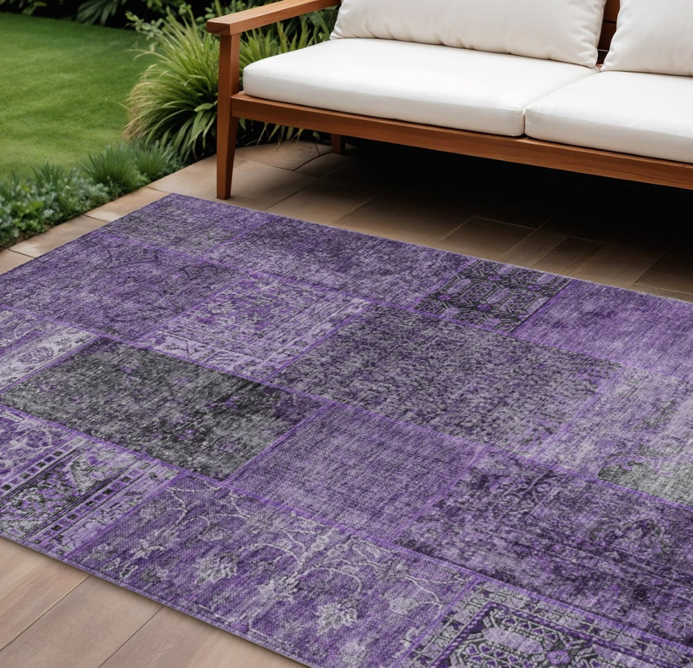 HomeRoots 9' Stylish Eggplant Purple & Charcoal Patchwork Indoor-Outdoor Area Rug - Durable & Washable Design 9' X 12' 580890