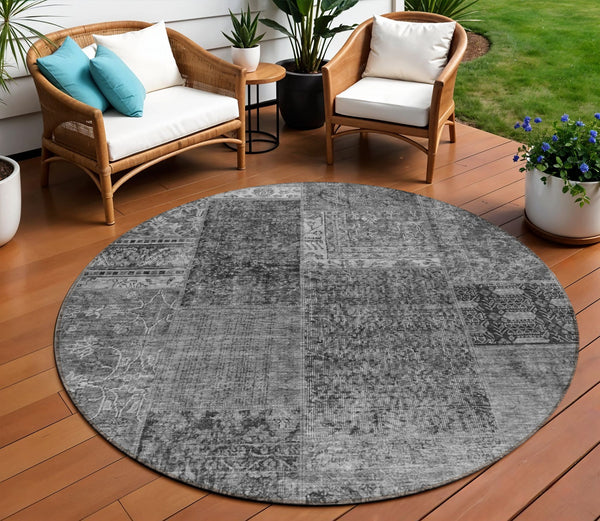 Homeroots 3' Stylish Brown Gray Charcoal Patchwork Washable Area Rug For Indoor And Outdoor Spaces 8' Round Polyester 580900
