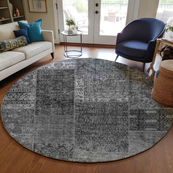 Homeroots 3' Stylish Brown Gray Charcoal Patchwork Washable Area Rug For Indoor And Outdoor Spaces 8' Round Polyester 580900