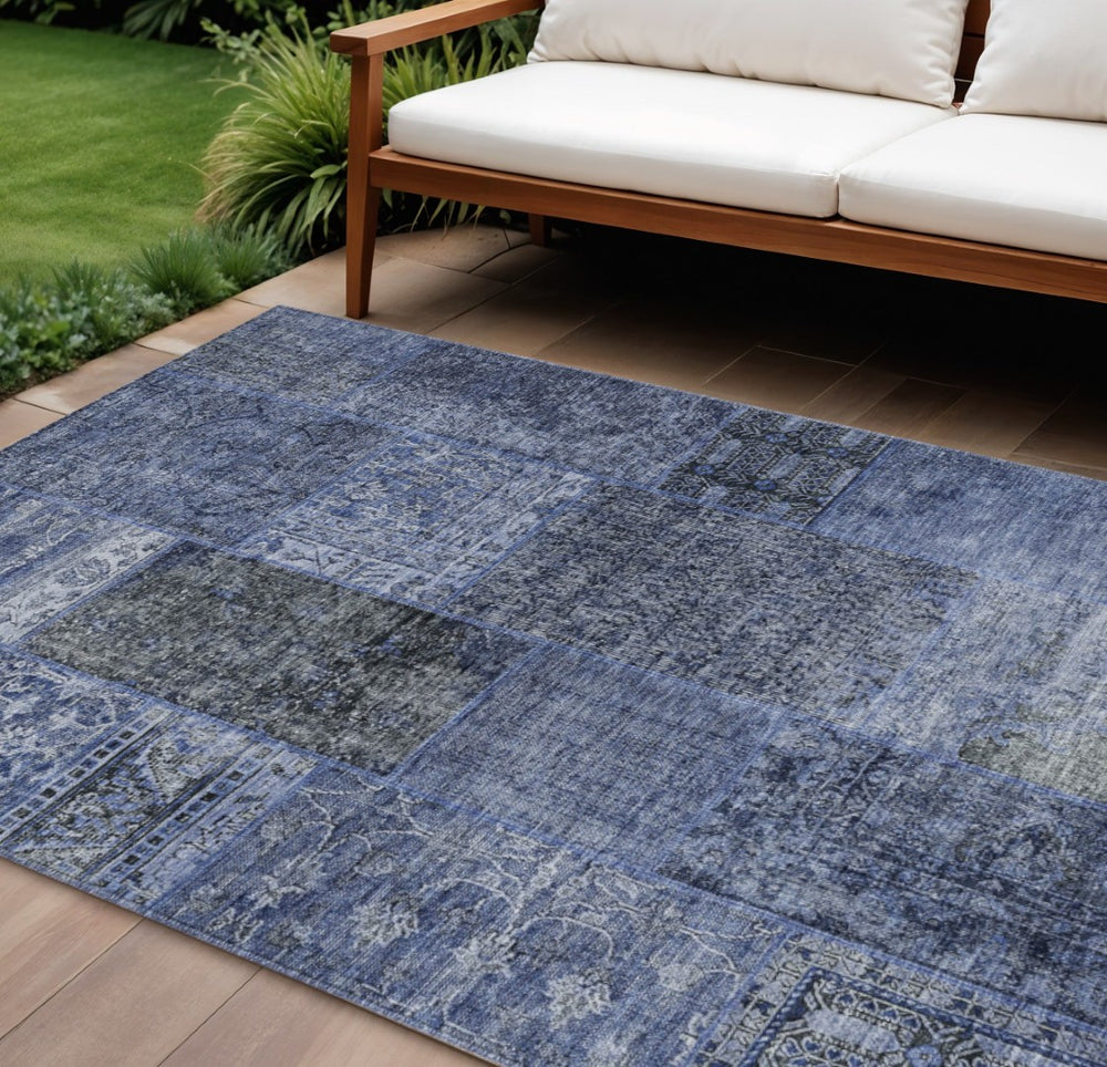 HomeRoots 9' Navy Blue and Charcoal Patchwork Area Rug - Modern Design for Indoor and Outdoor Durability 9' X 12' 580908