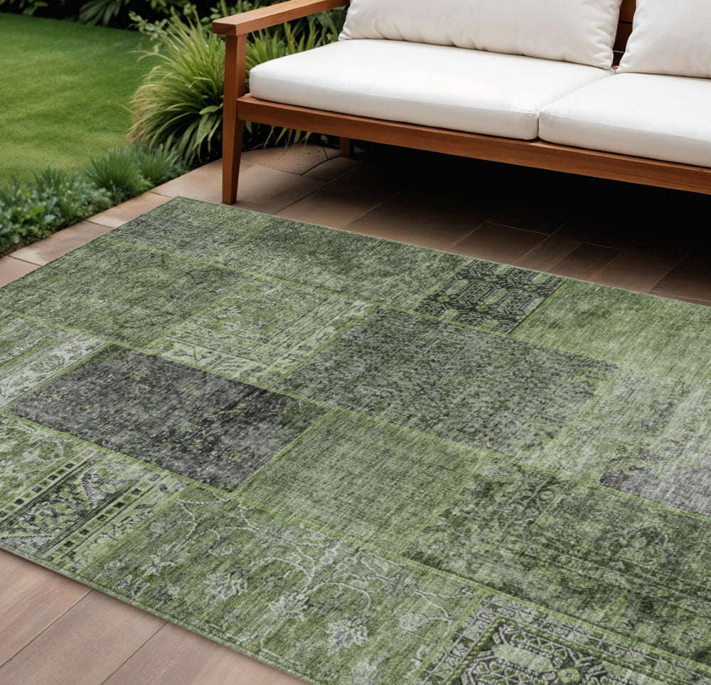 HomeRoots 9' Olive Green and Gray Patchwork Indoor Outdoor Area Rug – Washable, Stain-Resistant, Durable Design 9' X 12' 580914