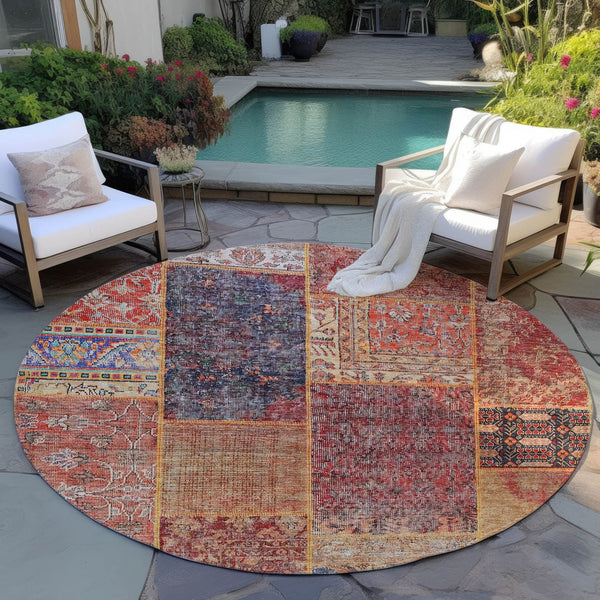 Homeroots 3' Stylish Brown Gray Charcoal Patchwork Washable Area Rug For Indoor And Outdoor Spaces 8' Round Polyester 580918