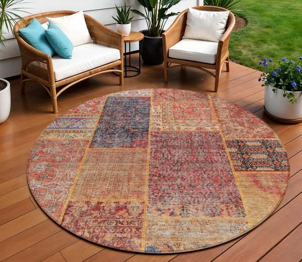 Homeroots 3' Stylish Brown Gray Charcoal Patchwork Washable Area Rug For Indoor And Outdoor Spaces 8' Round Polyester 580918