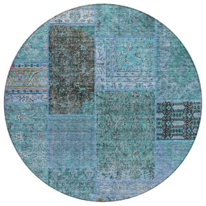 HomeRoots 5' Stylish Teal Blue Aqua and Gray Patchwork Indoor-Outdoor Area Rug – Durable, Washable Design! 8' Round 580924