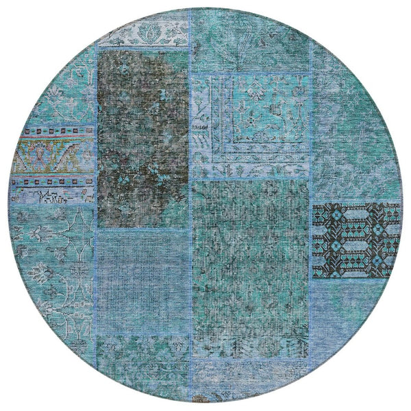HomeRoots 5' Stylish Teal Blue Aqua and Gray Patchwork Indoor-Outdoor Area Rug – Durable, Washable Design! 8' Round 580924