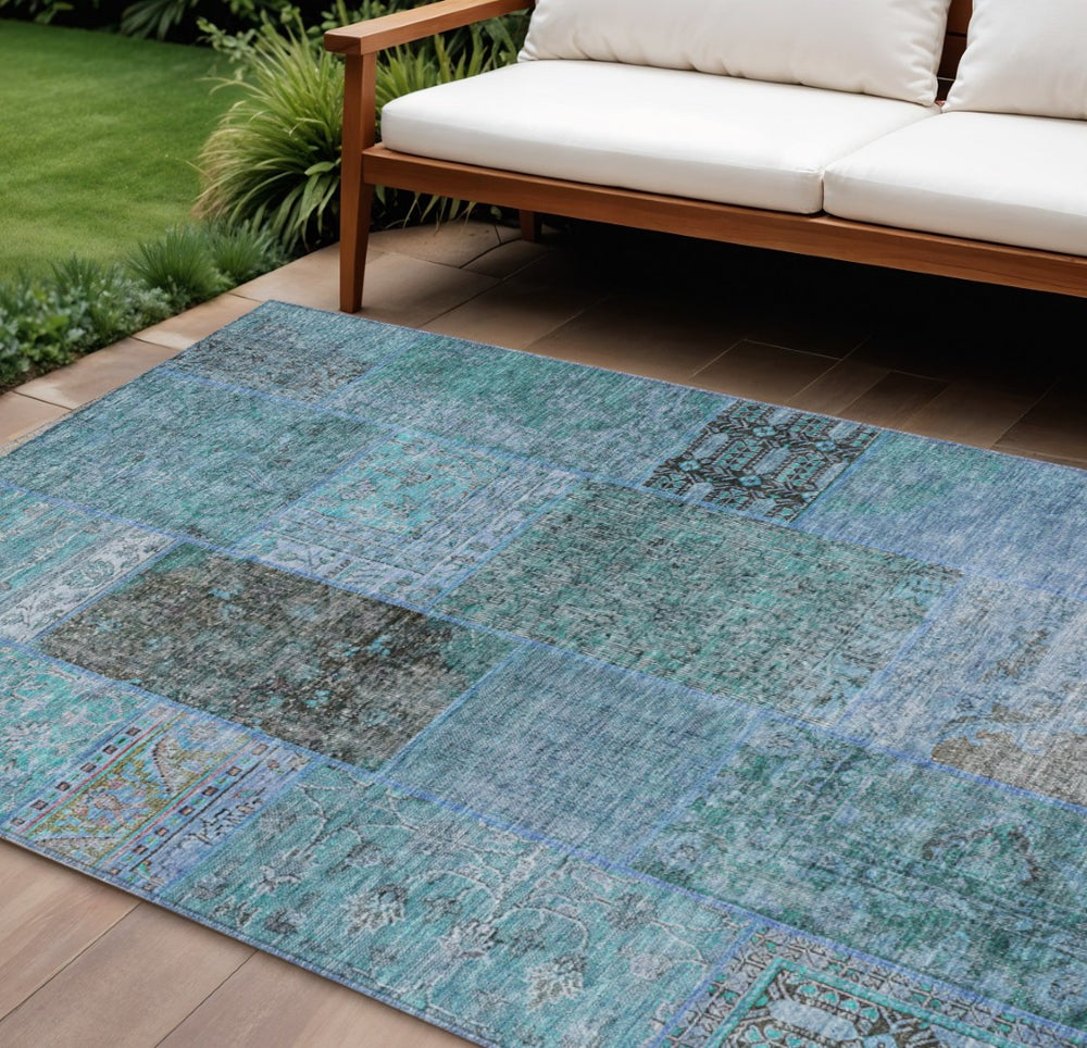 HomeRoots 5' Stylish Teal Blue Aqua and Gray Patchwork Indoor-Outdoor Area Rug – Durable, Washable Design! 10' X 14' 580927