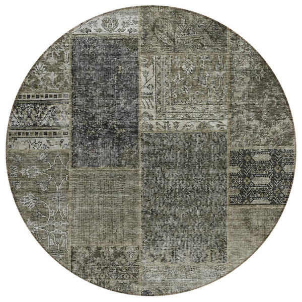 HomeRoots 5' Stylish Taupe Brown and Charcoal Patchwork Area Rug for Indoor and Outdoor Spaces, Washable & Durable 8' Round 580930