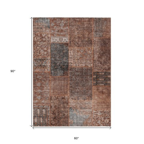 Homeroots 3' Stylish Brown Gray Charcoal Patchwork Washable Area Rug For Indoor And Outdoor Spaces 5' X 8' Polyester 580935