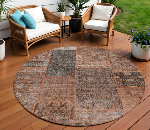 Homeroots 3' Stylish Brown Gray Charcoal Patchwork Washable Area Rug For Indoor And Outdoor Spaces 8' Round Polyester 580936