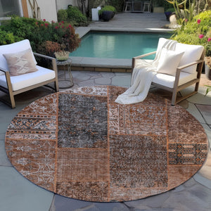 Homeroots 3' Stylish Brown Gray Charcoal Patchwork Washable Area Rug For Indoor And Outdoor Spaces 8' Round Polyester 580936