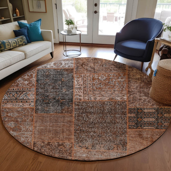 Homeroots 3' Stylish Brown Gray Charcoal Patchwork Washable Area Rug For Indoor And Outdoor Spaces 8' Round Polyester 580936