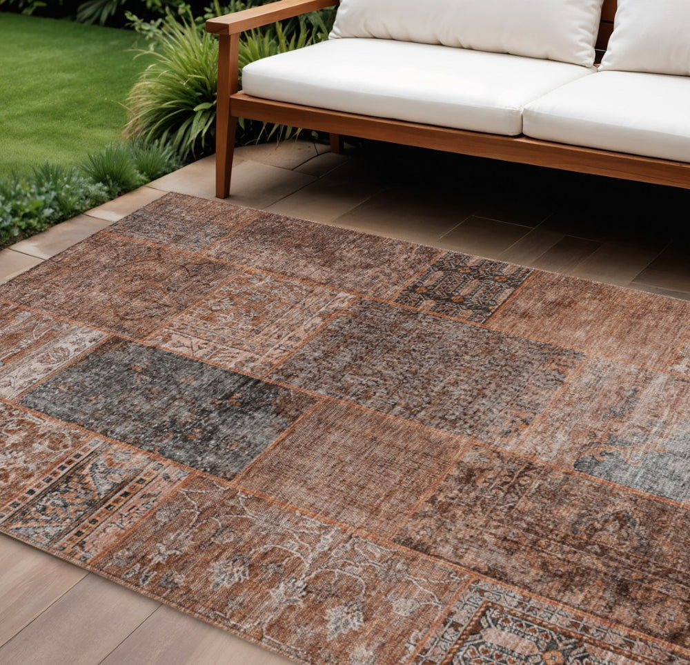 HomeRoots 9' Terra Cotta and Copper Patchwork Area Rug - Durable, Washable Indoor/Outdoor Style for Any Space 9' X 12' 580938