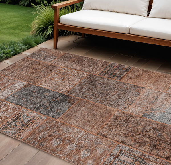 Homeroots 3' Stylish Brown Gray Charcoal Patchwork Washable Area Rug For Indoor And Outdoor Spaces 9' X 12' Polyester 580938