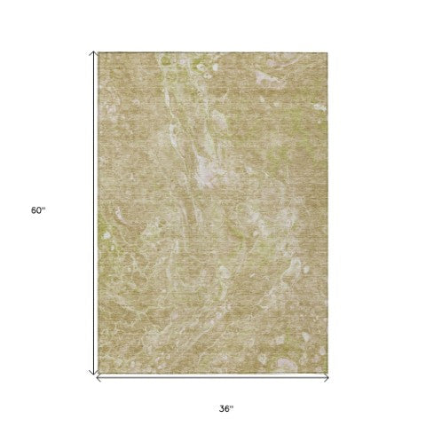 Homeroots 3' Beige Ivory And Artichoke Green Abstract Washable Area Rug For Indoor And Outdoor Spaces 3' X 5' Polyester 580940