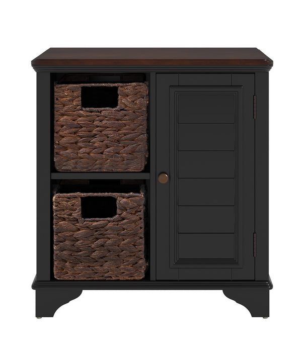 English Elm U Can Louvered End Table with Woven Grass Baskets Ottoman Legs Farmhouse Storage Black N724P401353B