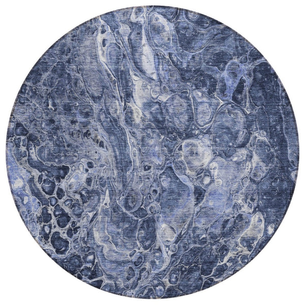 HomeRoots 5' Modern Navy Blue and Gray Abstract Washable Area Rug for Indoor and Outdoor Spaces, Durable Design 8' Round 580954
