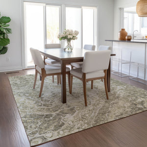 Homeroots 3' Beige Ivory And Artichoke Green Abstract Washable Area Rug For Indoor And Outdoor Spaces 3' X 5' Polyester 580964