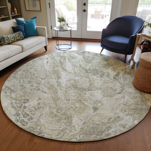 Homeroots 3' Beige Ivory And Artichoke Green Abstract Washable Area Rug For Indoor And Outdoor Spaces 8' Round Polyester 580966