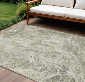 Homeroots 3' Beige Ivory And Artichoke Green Abstract Washable Area Rug For Indoor And Outdoor Spaces 10' X 14' Polyester 580969