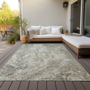 Homeroots 3' Beige Ivory And Artichoke Green Abstract Washable Area Rug For Indoor And Outdoor Spaces 10' X 14' Polyester 580969