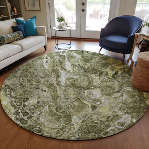 Homeroots 3' Beige Ivory And Artichoke Green Abstract Washable Area Rug For Indoor And Outdoor Spaces 8' Round Polyester 580978