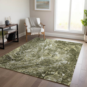Homeroots 3' Beige Ivory And Artichoke Green Abstract Washable Area Rug For Indoor And Outdoor Spaces 9' X 12' Polyester 580980