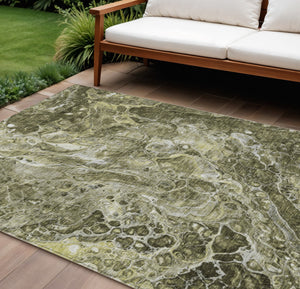 Homeroots 3' Beige Ivory And Artichoke Green Abstract Washable Area Rug For Indoor And Outdoor Spaces 10' X 14' Polyester 580981